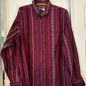 Vintage Wrangler Men's Burgundy and Black Striped Shirt